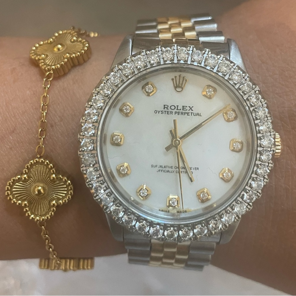 18k gold and stainless steel ROLEX 2.5ctw diamond mother of pearl watch